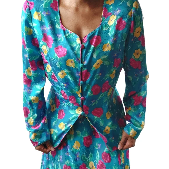 Adrianna Papell Vintage Safe Silk 100% Floral Boho Silk Two Piece Maxi S…